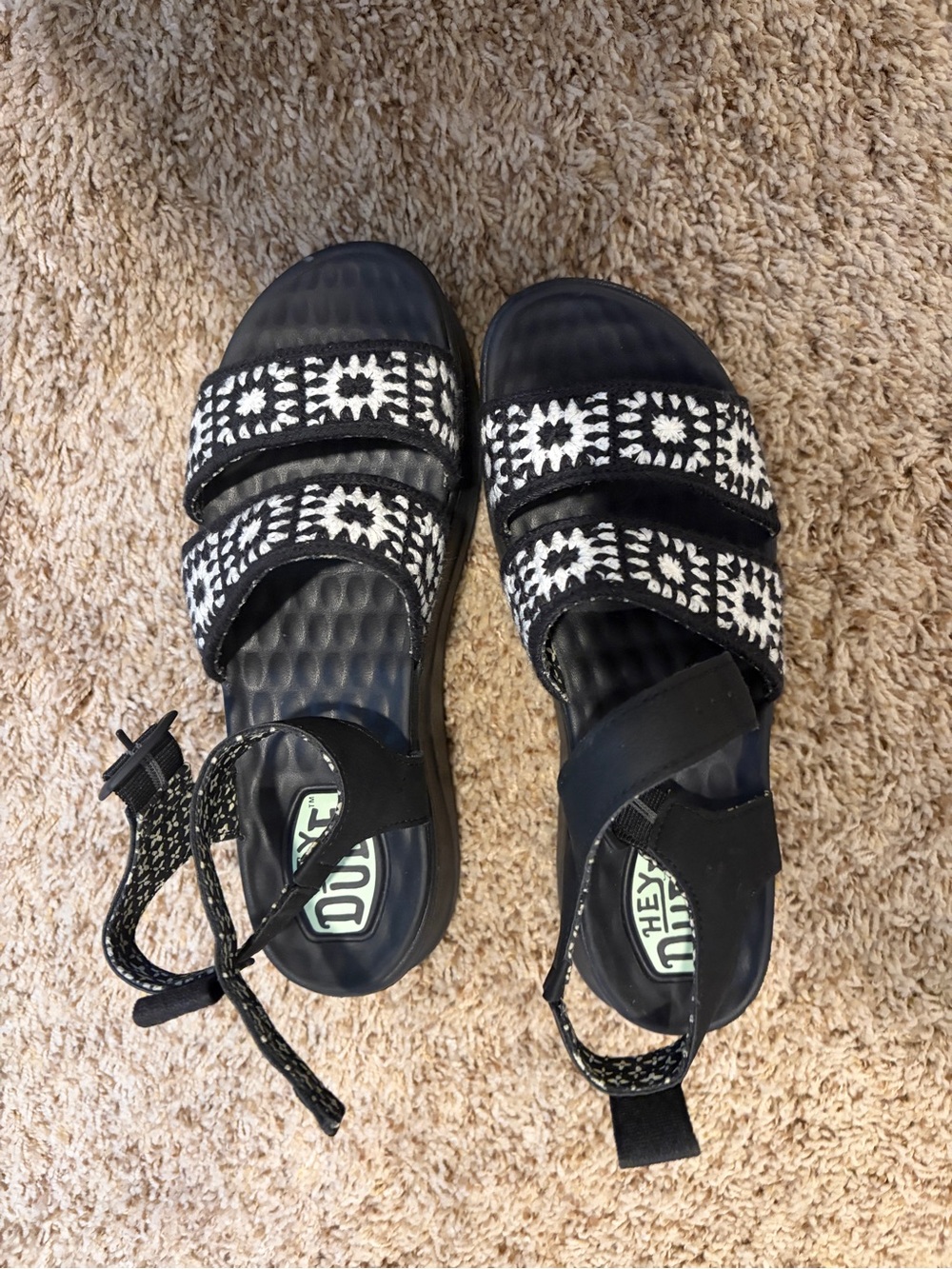 Hey Dude Black and White Patterned Kids Sandals with Velcro Straps